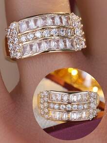 1pc Fashionable Vintage 3-Layer Curved Wide Band Exquisite Ring, Elegant Luxury Women's Daily Commute Versatile Finger Ring, Gift For Girlfriend Confession - ring - View 5