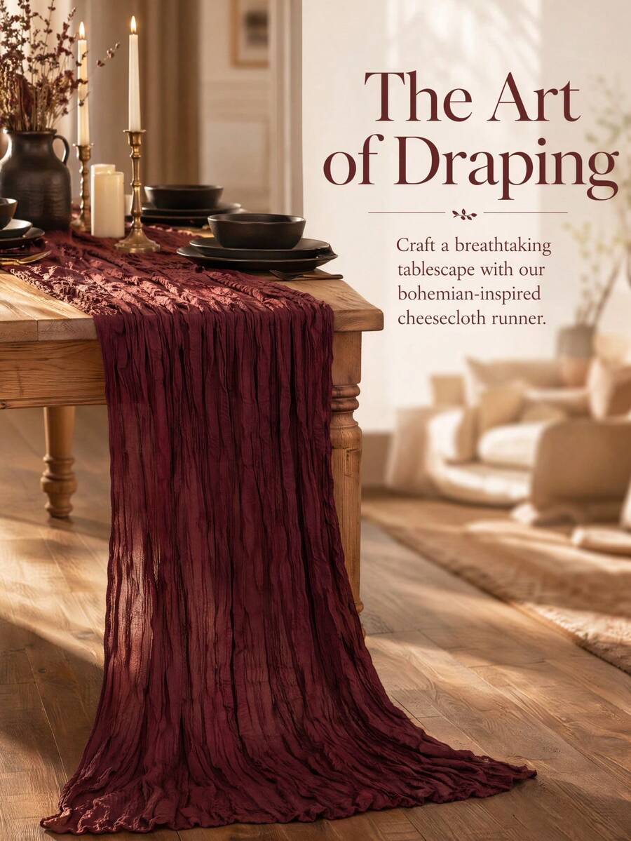 1pc Burgundy Ruched Cheesecloth Table Runner, Dining Table Cloth, Kitchen Counter Cover, Romantic Table Decor, Party Favor, Birthday Tabletop Decoration, Valentine's Day Wedding Baby Shower Bridal Shower Table Decor, Home Room Kitchen Tabletop Atmosphere Soft Furnishing Ornament - Burgundy - View 1