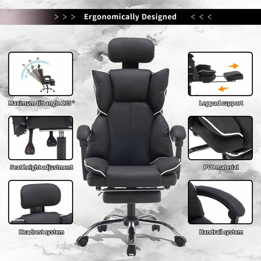 Vanity Chair, Desk Chair, Office Chair, Adjustable Footrest, Ergonomic Gaming Chair, Bedroom Desk, Suitable For Entertainment And Office - Black - View 1
