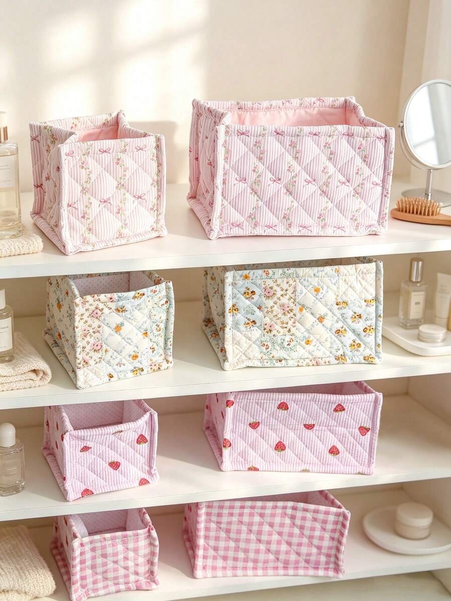 1pc Beautiful Quilted Desktop Storage Basket, Desktop Clutter Organizer, Lipstick Makeup Brush Skincare Product Storage Basket, Desktop Decor, Makeup Organizer Box, Used For Organizing Makeup Brushes And Skincare Products - Multicolor - View 1