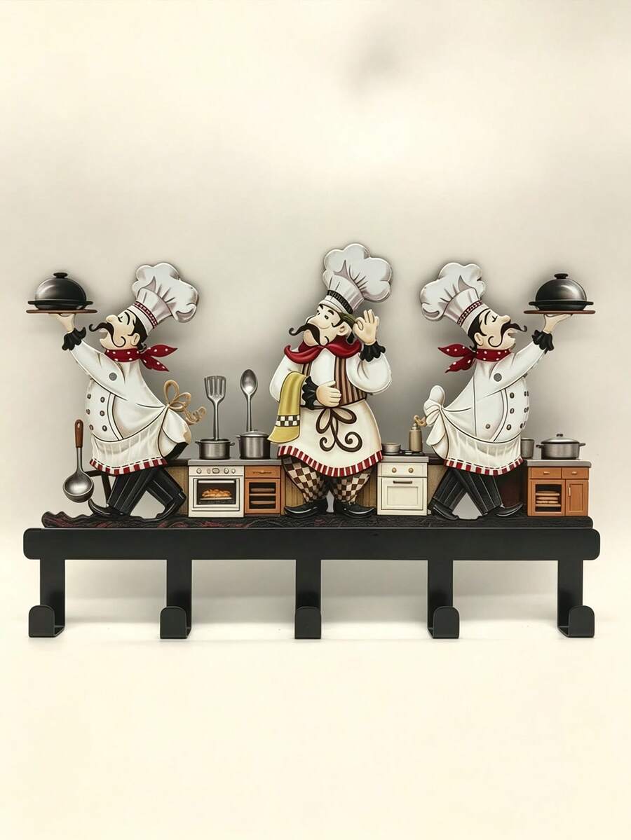1pc Chef Statue Kitchen Wall Hook, Kitchen Utensil Hook, Kitchen Towel Hook, Metal Decor, Storage Rack With 5 Hooks, Farmhouse Kitchen Apron Spoon Towel Pot Rack Hook, Vintage Bistro Cooking Theme Kitchen Wall Decor