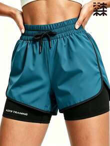 mulinsen Women's Casual Versatile Solid Color Loose Shorts, Summer Sports 2 In 1 Running Fitness Training Shorts - Lake Blue - View 4