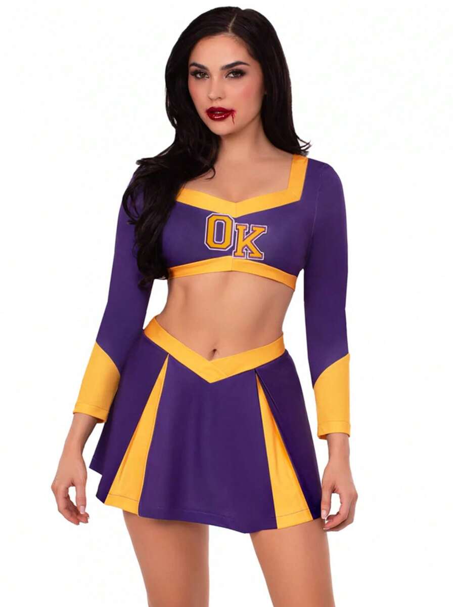 Women Halloween Cheerleader 2 Piece Costume Long Sleeve Letter Crop Top ...