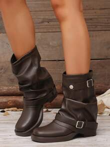 Factory Direct Women's Fashion Versatile Ruched Stacked Slip-On Ankle Boots Plus Size Boots - Brown - View 4