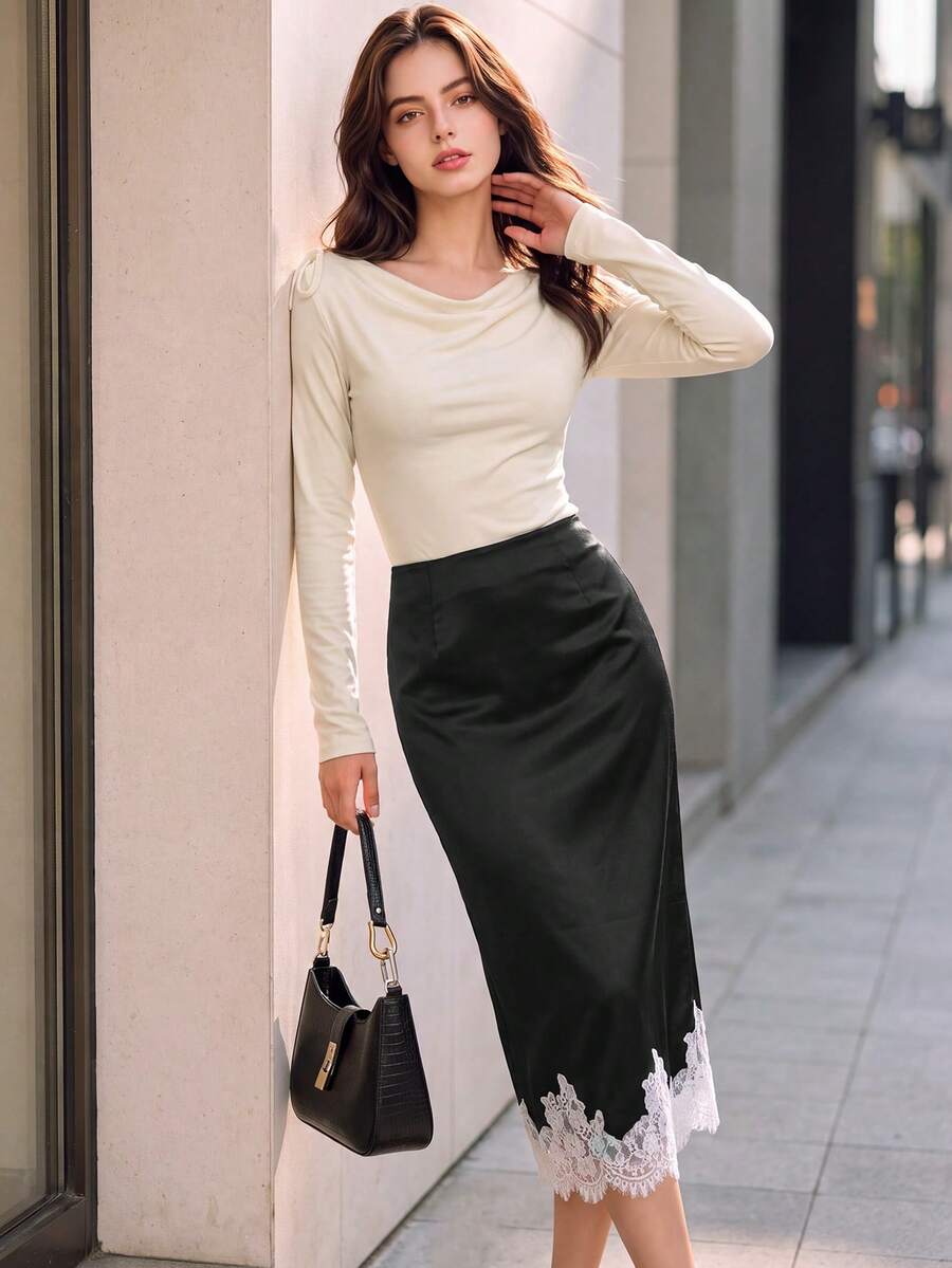 Rok Midi Satin Wanita Pinggang Tinggi dengan Hiasan Renda di Bagian Bawah - Hitam - View 1