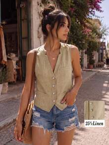 Women's Casual Linen Short Vest Jacket For Spring & Summer - Khaki - View 7