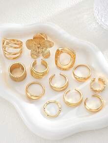 12/5pcs Gold Bohemian Vacation Style Women's Rings Set, Floral Geometric Asymmetrical Shape Multi-Layer Casual Daily Versatile Rings, Suitable For Vacation, Photography, Daily Wear, Dating - Yellow Gold - View 3