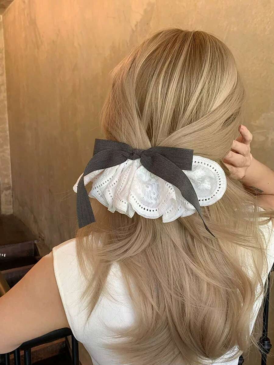 1pc Women's Grey Lace Bow Hair Claw Clip, Korean Style Preppy Ribbon Spring Hair Accessory