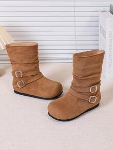 Mid-Calf Flat Boots For Older Children Students, Fashion Pleated Boots - Brown - View 4
