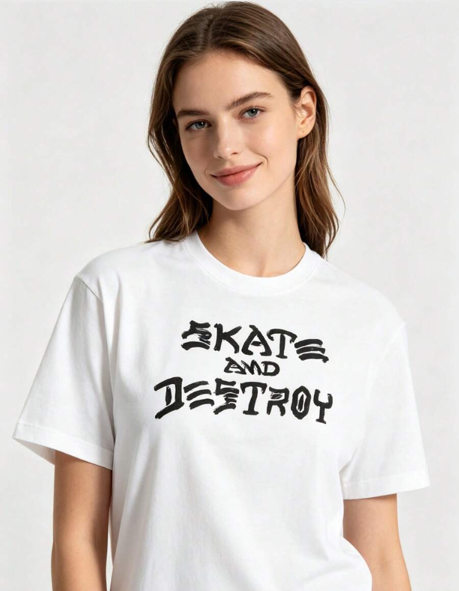 White Crew Neck Bold Street Letter Print Unisex Daily Skate Culture Tops Lightweight Basic Cotton Fashion Top - 白色 - 查看 1