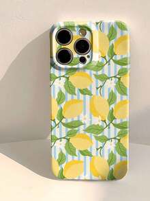 1pc Cute Cartoon Lemon Striped Floral Transparent Hard Phone Case, Compatible With IPhone 11/12/13/14/15/16 Pro Max - 白色 - 查看 1