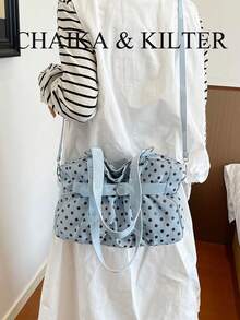 CHAIKA & KILTER 1件裝拼色PU布料托特包，女款時尚單肩托特包，滿版波點圖案，雙手柄設計，拉鍊開合，肩帶裝飾，適合日常與街頭使用 - 淺藍色 - 查看 9