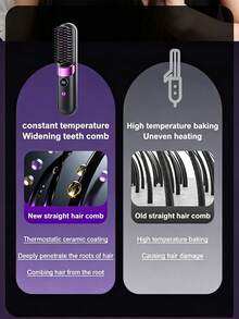 Wireless Straightening Comb, Portable Negative Ion Hair Brush, Rechargeable Straight & Curl Styling Comb, Smart Temperature Control With Digital Display, Anti-Scald & Hair Protection, Voluminous High Crown, Airy Bangs, Mini Travel Portable, Unisex - Multicolor - View 8