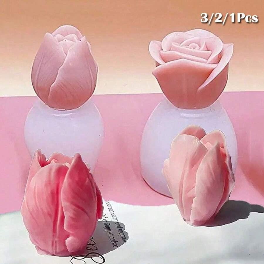 3/2/1件裝鬱金香與玫瑰香氛蠟燭矽膠模具，DIY花束裝飾擺件，花卉主題不規則造型石膏樹脂手工模具，適用手工皂、蠟燭、禮品製作／婚禮／畢業／生日派對／節慶居家裝飾／情人節 - 多色 - 查看 1