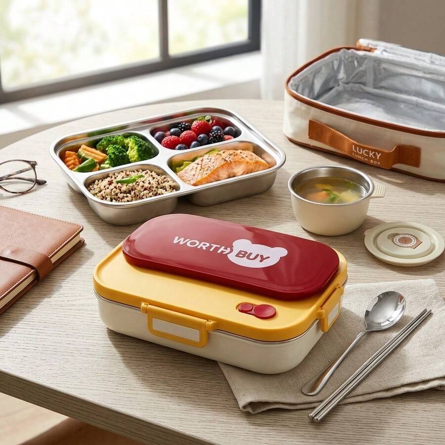 Kotak Bekal Bento Stainless Steel 304 untuk Dewasa, Wadah Makanan dengan Kompartemen, Wadah Persiapan Makanan dengan Sekat, Kotak Makan Siang Logam Terisolasi Portabel dengan Wadah Sup, Wadah Makanan untuk Perjalanan, Kotak Bekal Bento Sekolah dengan Tas Makan Siang dan Peralatan Makan - MultiWarna - View 1