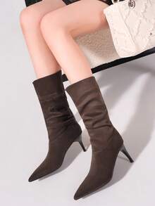 Women's Ruched Boots, Solid Color Stiletto High Heel Mid-Calf Boots, Autumn/Winter Riding Boots, Fashion Boots - Brown - View 3
