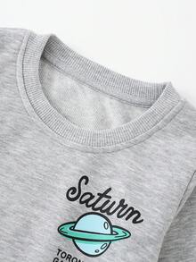 Kids Round Neck Long Sleeve Sweatshirt With Earth Planet English Print, Loose Casual Pullover Sweatshirt For Toddlers And Young Children - Grey - View 4