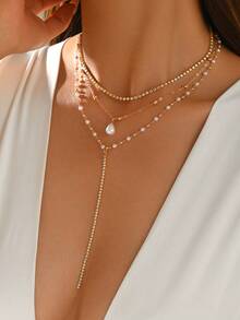 1 Pc Gentle Socialite 3 Layered Necklace, Sparkling Rhinestone Chain With Teardrop Pearl Pendant Y Long Choker, Women Dating Party Accessories - White - View 5