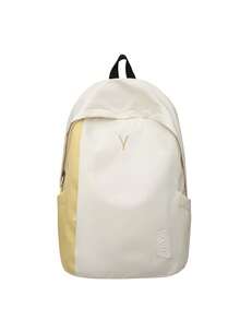 Dedoo Mochila con cremallera de bloques de color, detalles de bordado de letras & etiquetas, gran capacidad, mochila escolar para estudiantes, adecuada para el campus universitario, mochila de regreso a la escuela para estudiantes - Blanco - Ver 3