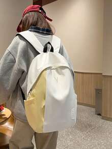 Dedoo Mochila con cremallera de bloques de color, detalles de bordado de letras & etiquetas, gran capacidad, mochila escolar para estudiantes, adecuada para el campus universitario, mochila de regreso a la escuela para estudiantes - Blanco - Ver 8