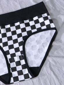 1pc Women's Mid-Waist Pure Cotton Comfortable Breathable Plaid Triangle Panties - Black - View 3