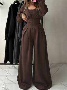 Fall Women's Solid-Color Casual Commuter Set: V-Neck Long-Sleeve Top + Tank Top + High-Waisted Wide-Leg Pants (3-Piece Set) - Brown - View 2