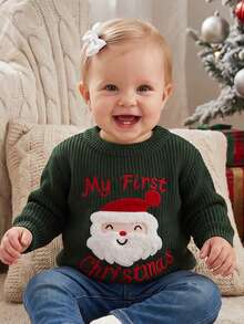 Baby Christmas Sweater Long Sleeve Letters Santa Claus Warm Winter Pullover - Verde - Ver 2