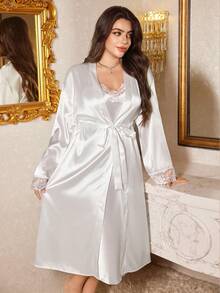 Plus Size White Satin Lace Camisole Nightgown + Robe 2 Pieces Set Bridal Morning Robe Loungewear - White - View 6