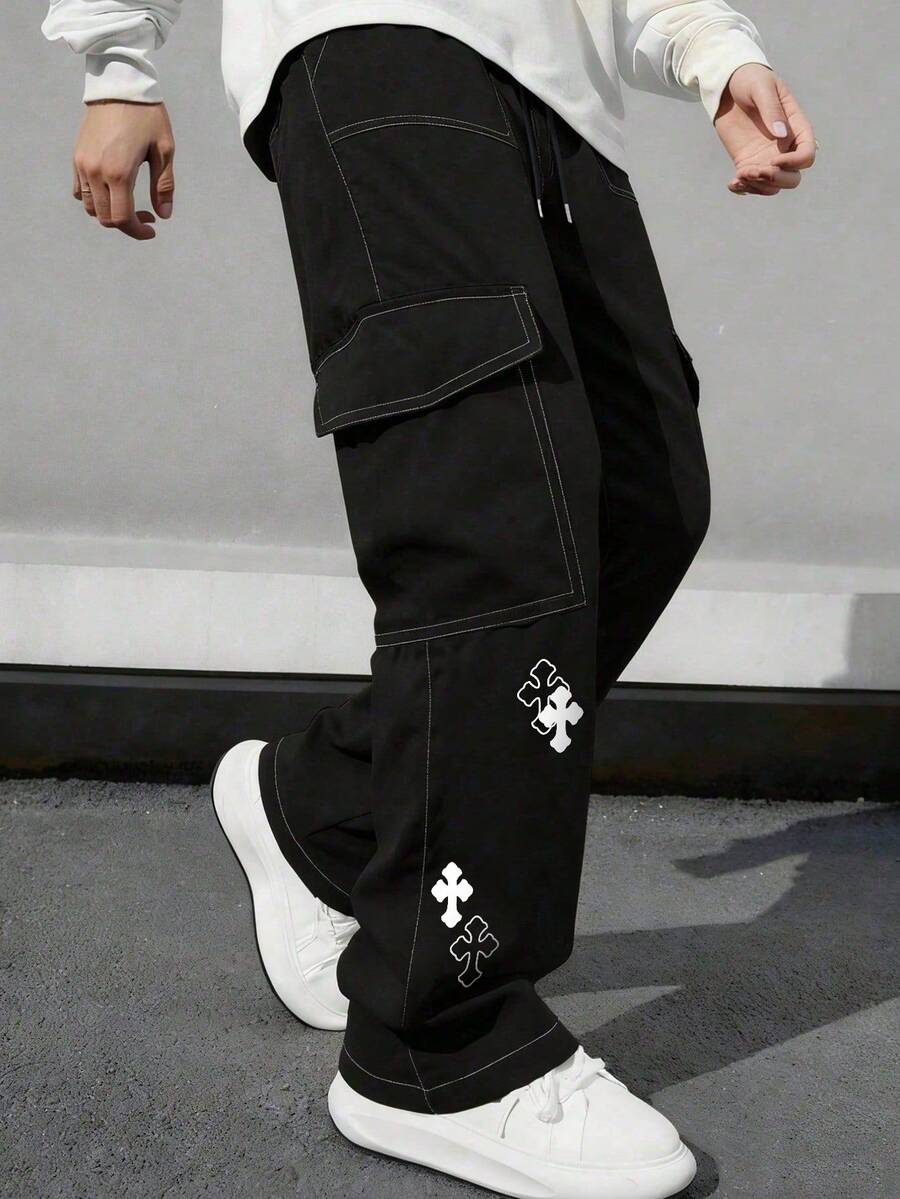 男士春秋多口袋直筒工裝長褲,寬鬆版型戶外通勤百搭運動休閒長褲 - 黑色 - 查看 1