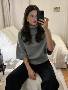 Women's Casual Autumn/Winter Solid Gray High Neck Batwing Sleeve Knit Top, Waist-Cinching Textured Design, Daily Commute Office Wear Pullover - Grey - View 5