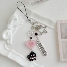Y2K Black Cat Bag Pendant, Pink Heart Beaded Charm, Cute Kawaii Phone Strap Keychain, Backpack Hanging Accessory, Aesthetic Gift - Multicolor - View 4