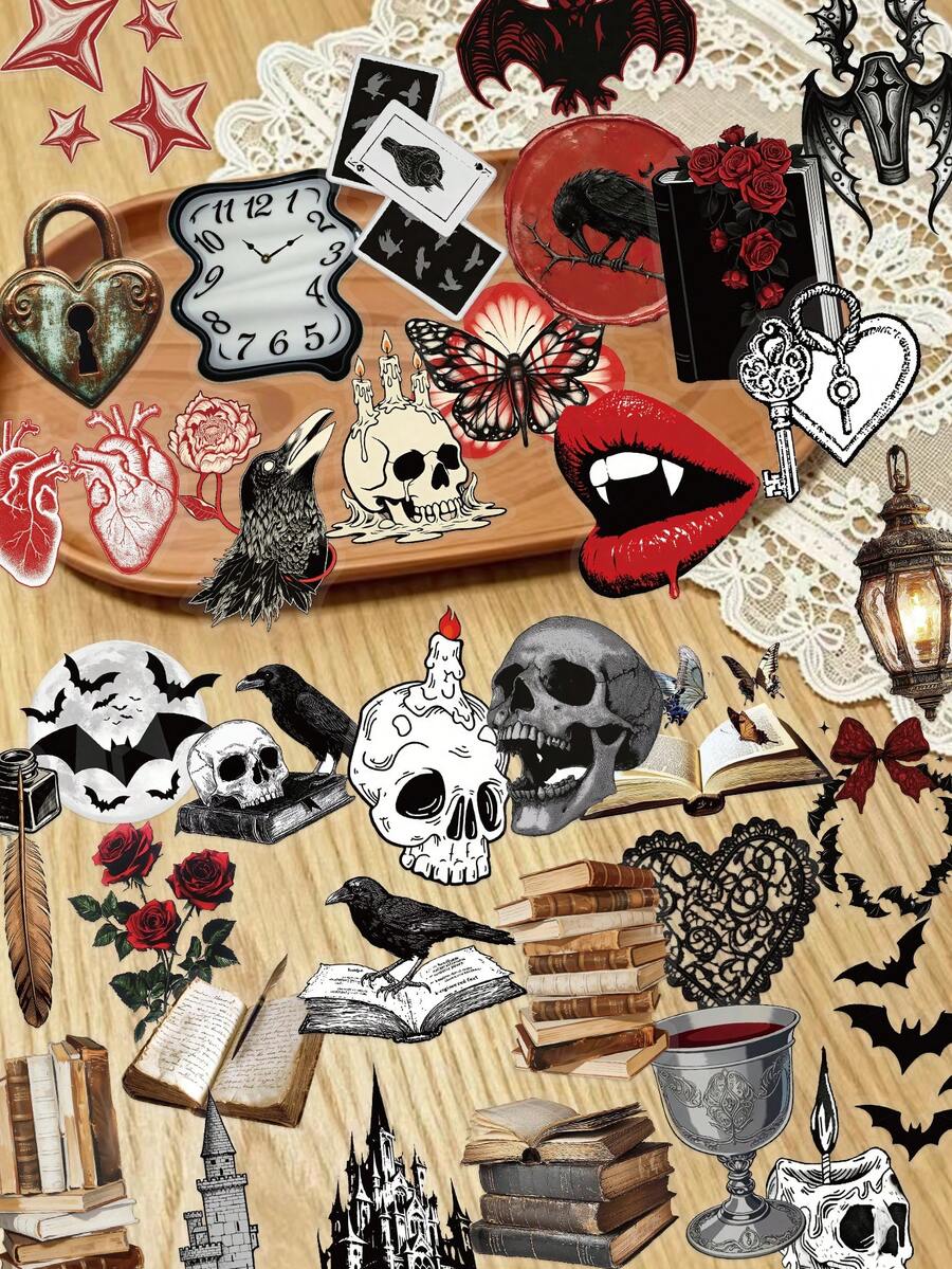 50pcs Halloween Skeleton Vampire Stickers For Scrapbooking, Journaling, Planner, Guitar, Skateboard, Phone Case, Laptop, Luggage, Halloween Decoration Gift - Multicolor - View 1