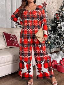 Plus Size Christmas Reindeer Plaid Print Jumpsuit, Long Sleeve Round Neck Wide Leg One-Piece Set, Casual Holiday Loungewear For Curvy Women - Red - View 1