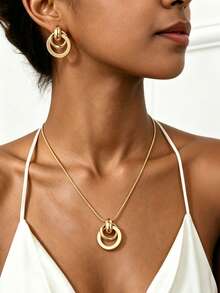 YUNCHUN 3pcs/Set Fashionable Metal Geometric Circle Jewelry Set For Women, Versatile Design Suitable For Daily Wear And Various Occasions - Gold - View 2
