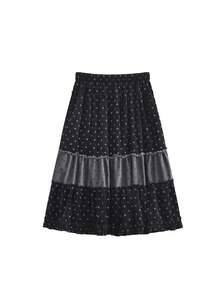 Rok Kasual Harian Wanita Motif Polkadot Patchwork - Hitam - View 5