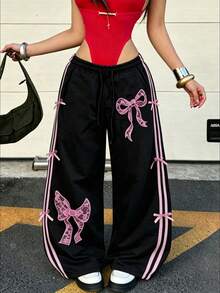 Sweet Cool Hot Girl Elastic Drawstring High Waist Draped Wide Leg Floor Length Sweatpants With Side Pink & White Contrast Color Webbing + Sports Black - Black - View 2