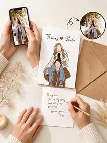 Personalized Custom Minimal Faceless Couple Portrait Card, Custom Photo And Names Line Drawing Greeting Card. Elegant Simple Outline Artwork, Thoughtful Romantic Souvenir For Anniversary, Engagement And Special Couple Occasions. - Multicolor - View 9