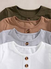 4pcs/Pack Boys Casual Fashion Solid Color Ribbed Crew Neck Long Sleeve Tops, Spring/Autumn - Multicolor - View 3