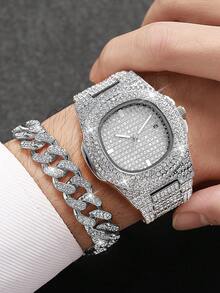 Men's Hip Hop Full Rhinestone Square Dial Calendar Quartz Watch + Hip Hop Full Rhinestone Bracelet, Boyfriend Gift (2pcs/Set) Watch Box Not Included - Silver - View 10