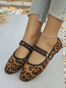 WideFit Women's Leopard Print Plus Size Wide Toe Box Buckle Strap Ballet Flats, Elegant Style, Spring/Summer Daily Outdoor Commute Leopard Pattern Mary Jane Shoes, Random Pattern - Brown Leopard Print - View 2