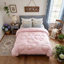 Pink Quilted Comforter Duvet Insert-All Season GentleSoft Down Alternative Bedding With Floral, Scroll & Heart Quilting Designs, 8 Corner Tabs, Anti-Shift Machine Washable Fluffy Breathable Duvet, Twin/Full/Queen/King Size, Cozy Gift For Women & Men - Heart-pink - View 9