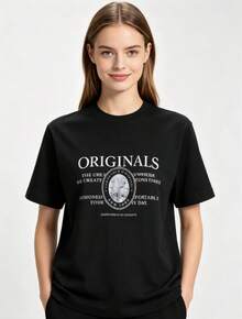 Black Crew Neck Old Fashion Text Pattern Print Unisex Daily Vintage Letter Tops Lightweight Basic Cotton Top - 黑色 - 查看 3