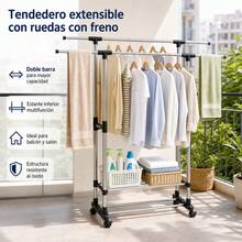 Double Rail Stainless Steel Garment Rack With Wheels And Adjustable Height, Extendable Clothes Drying Rack With Bottom Shoe Shelf, Bedroom And Balcony Organizer - A - 查看 5