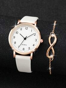 Jam Tangan Quartz Elegan Klasik dengan Tali Kulit PU untuk Wanita, Dial Kecil, + Gelang Simbol Tak Terhingga (4 buah/Set) Kotak Jam Tangan Tidak Termasuk - Emas - View 6