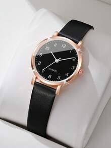 Women's PU Leather Strap Classic Digital Small Dial Elegant Quartz Watch, Gift For Girlfriend (1pc/Set) Watch Box Not Included - Black - View 1