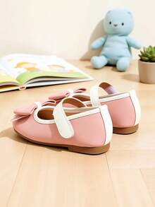 1 Pair Kids Cute Pink Mary Jane Princess Shoes, Star Trim Bow Toe, White Hook & Loop Strap, Soft Sole Non-Slip Girls Shoes, Suitable For All Seasons, Daily School, Birthday Party, Wedding, Outing, Matching Various Dresses - Pink - View 4