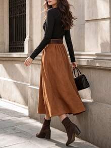 Elegaris Women Fall Faux Suede Midi Skirt Elastic High Waist Pleated A‑Line Flowy Swing Skirt, Belt Not Included - Burnt Orange - View 2