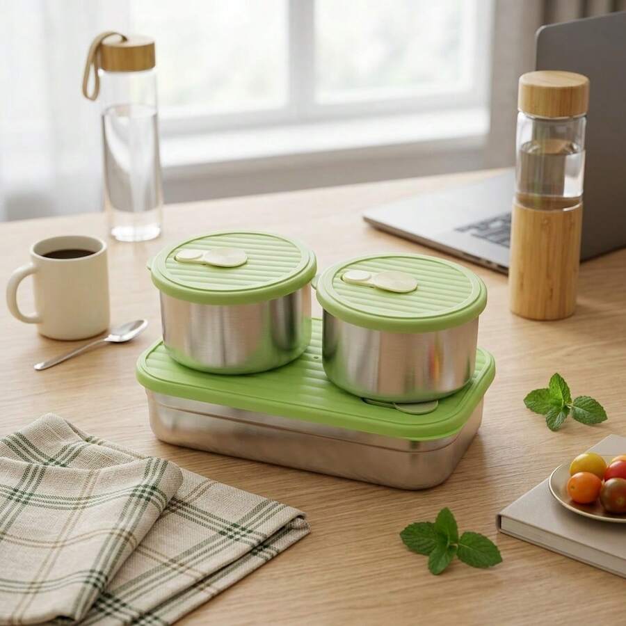Portable 304 Stainless Steel Lunch Box With Lid, Divided Fruit Salad Food Storage Container, Leak Proof Bento Box, Dishwasher & Microwave Allowable, Suitable For Student Adult Use In School, Office, Outdoor Camping, Picnic,Travel, Back To School - Multicolor - View 1