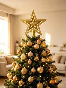 1 Set Christmas Tree Topper - Gold Hollow Five-Pointed Star Decoration, Glitter Finish, Christmas And New Year Holiday Decor - Multicolor - View 3