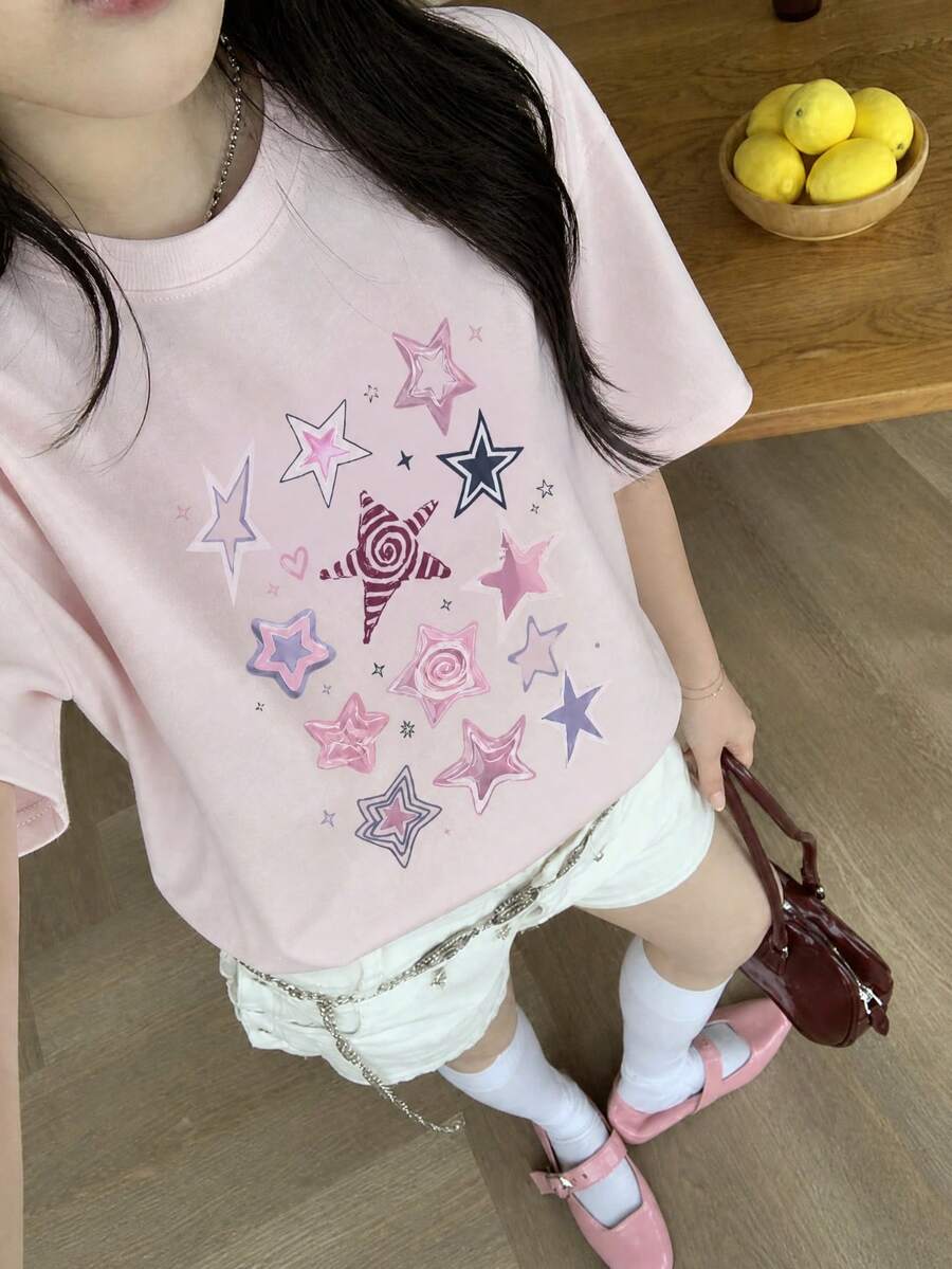 Y2K 千禧風女款夏季新款休閒寬鬆字母 X 星星印花短袖 T-shirt 上衣 粉色 - 粉色 - 查看 1